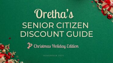 Image of the wordings Oretha's Senior Citizen Discount Guide Christmas Holiday Edition in Christmas background