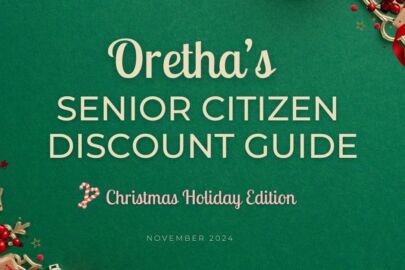 Image of the wordings Oretha's Senior Citizen Discount Guide Christmas Holiday Edition in Christmas background